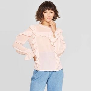 NEW Ruffle-Yoke Sheer Blouse Pink Small